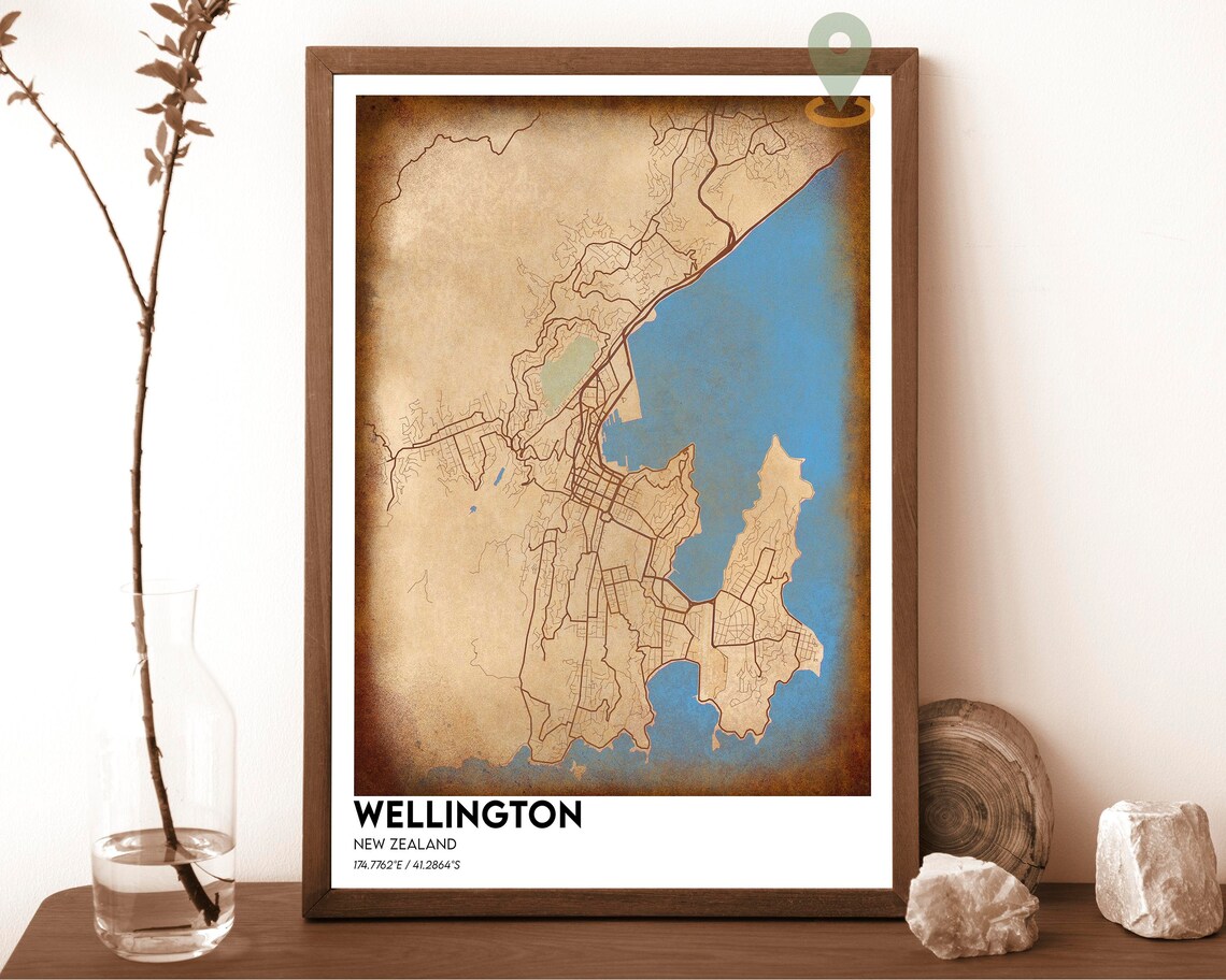 Wellington New Zealand City Map Poster Navy Yellow Modern Artwork - Image 2
