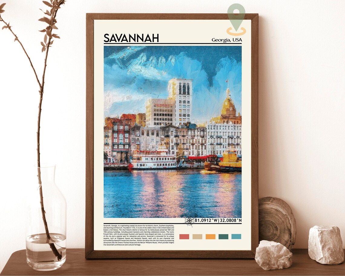 Savannah Georgia Riverfront Historic Painted Skyline USA Travel Poster