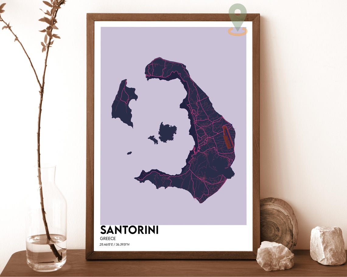 Santorini Greece Blush Pink Caldera Minimalist Island Map Poster - Image 2