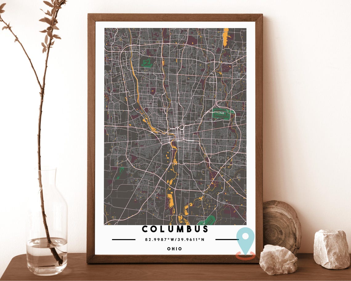 Columbus Ohio Grey City Street Map Coordinates Travel Decor Poster