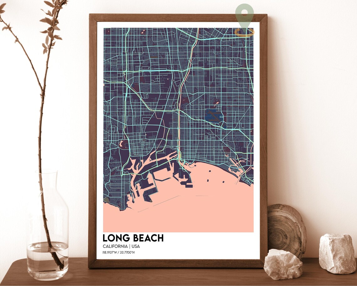 Long Beach California Navy Mustard City Street Map Coastal Art Poster - Image 3