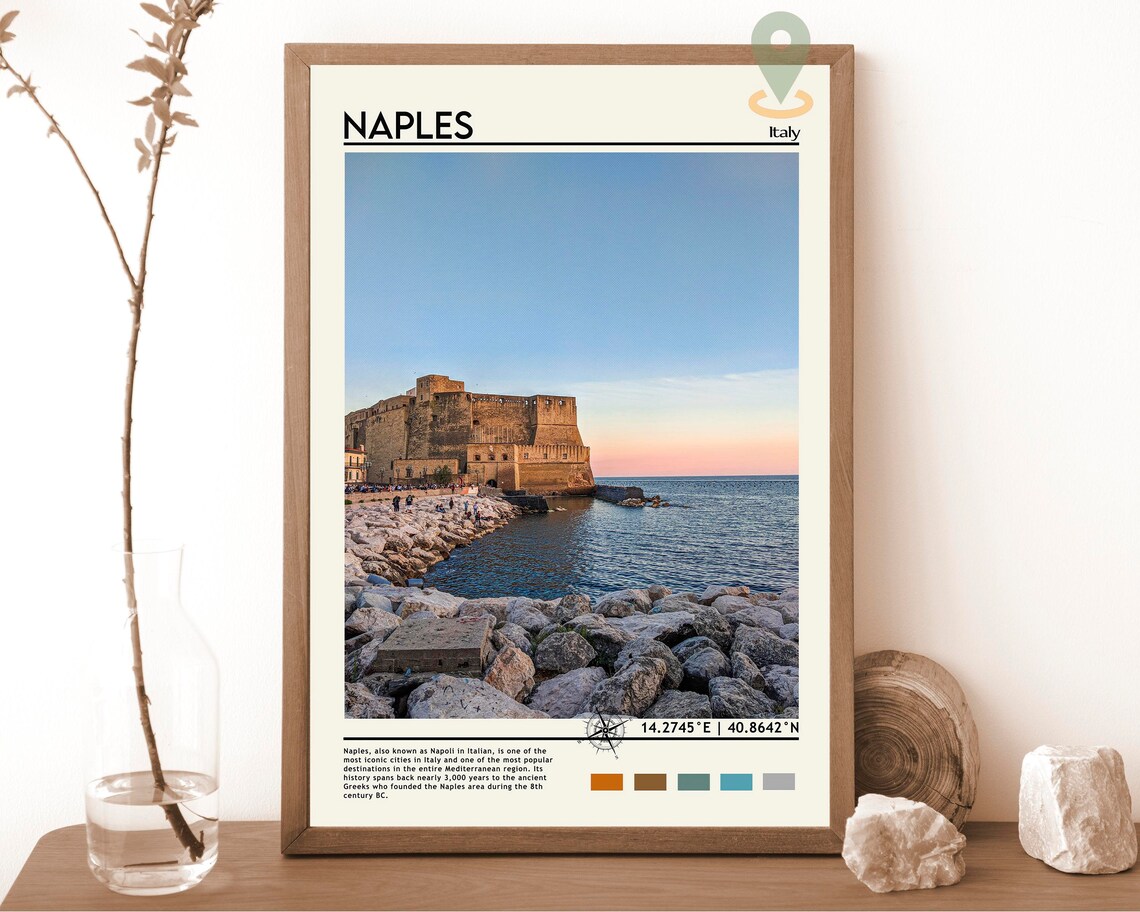 Naples Italy Sunset Coastline Castle by the Sea Vintage Poster