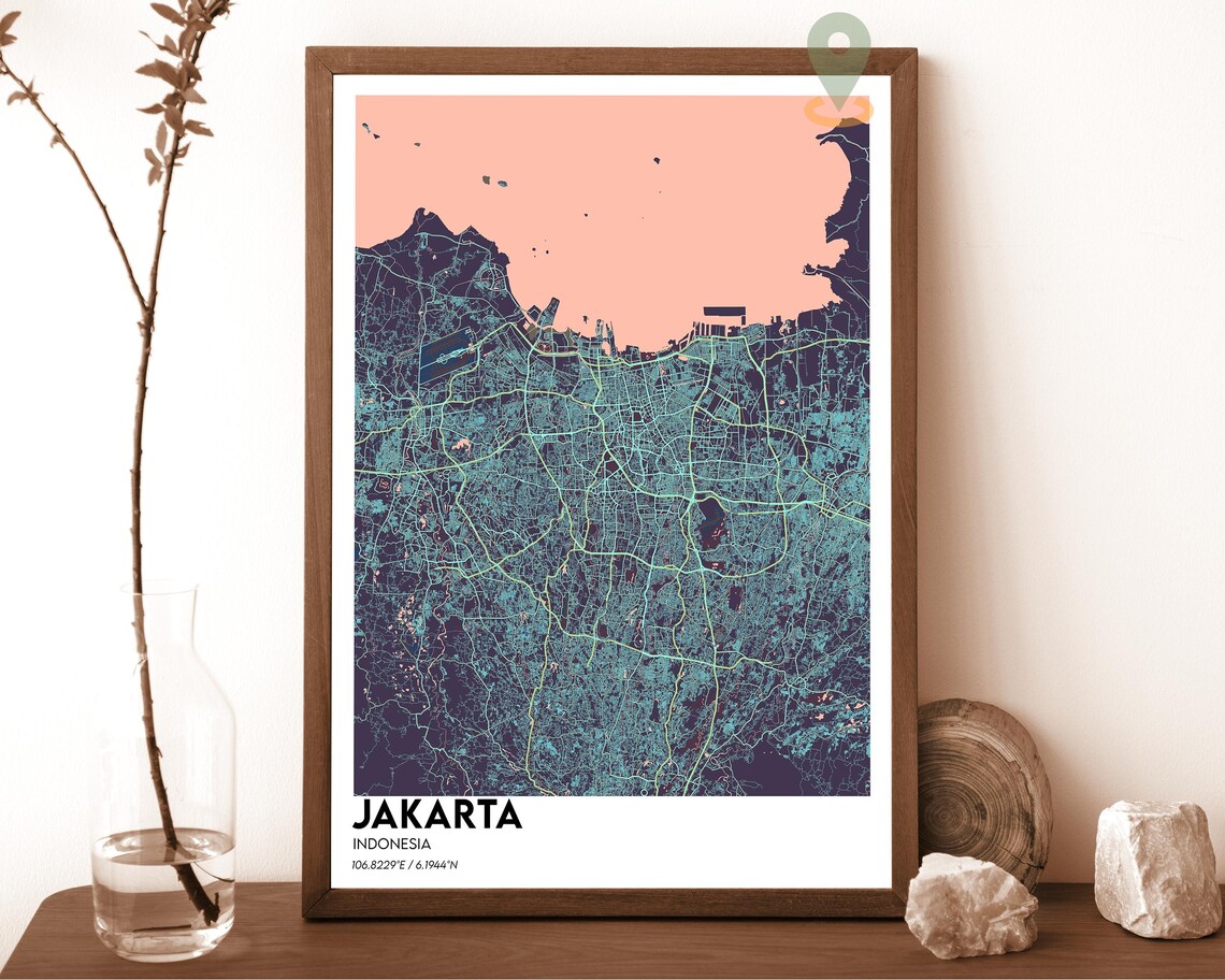 Jakarta Indonesia Red Blush Modern Minimalist City Map Wall Art - Image 3