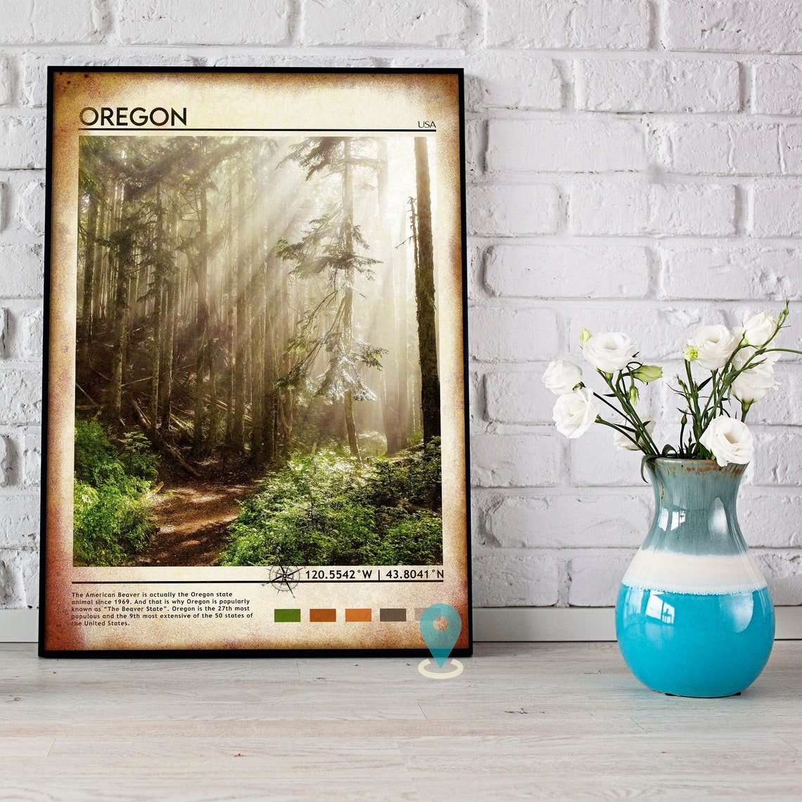 Oregon USA Misty Evergreen Forest Sunbeam Nature Travel Poster - Image 5