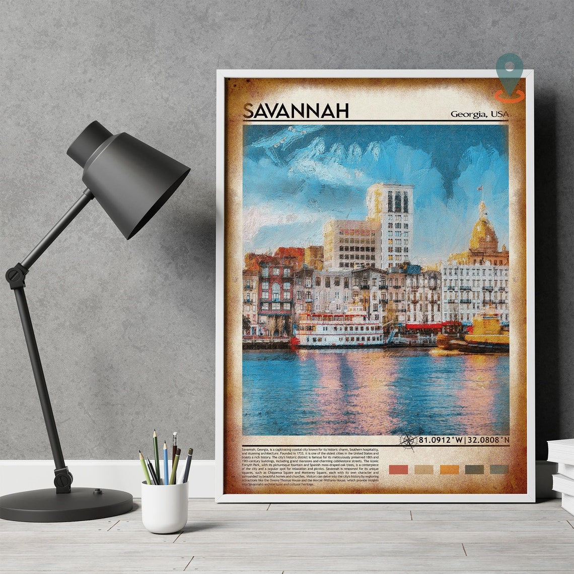 Savannah Georgia Riverfront Historic Painted Skyline USA Travel Poster - Image 2