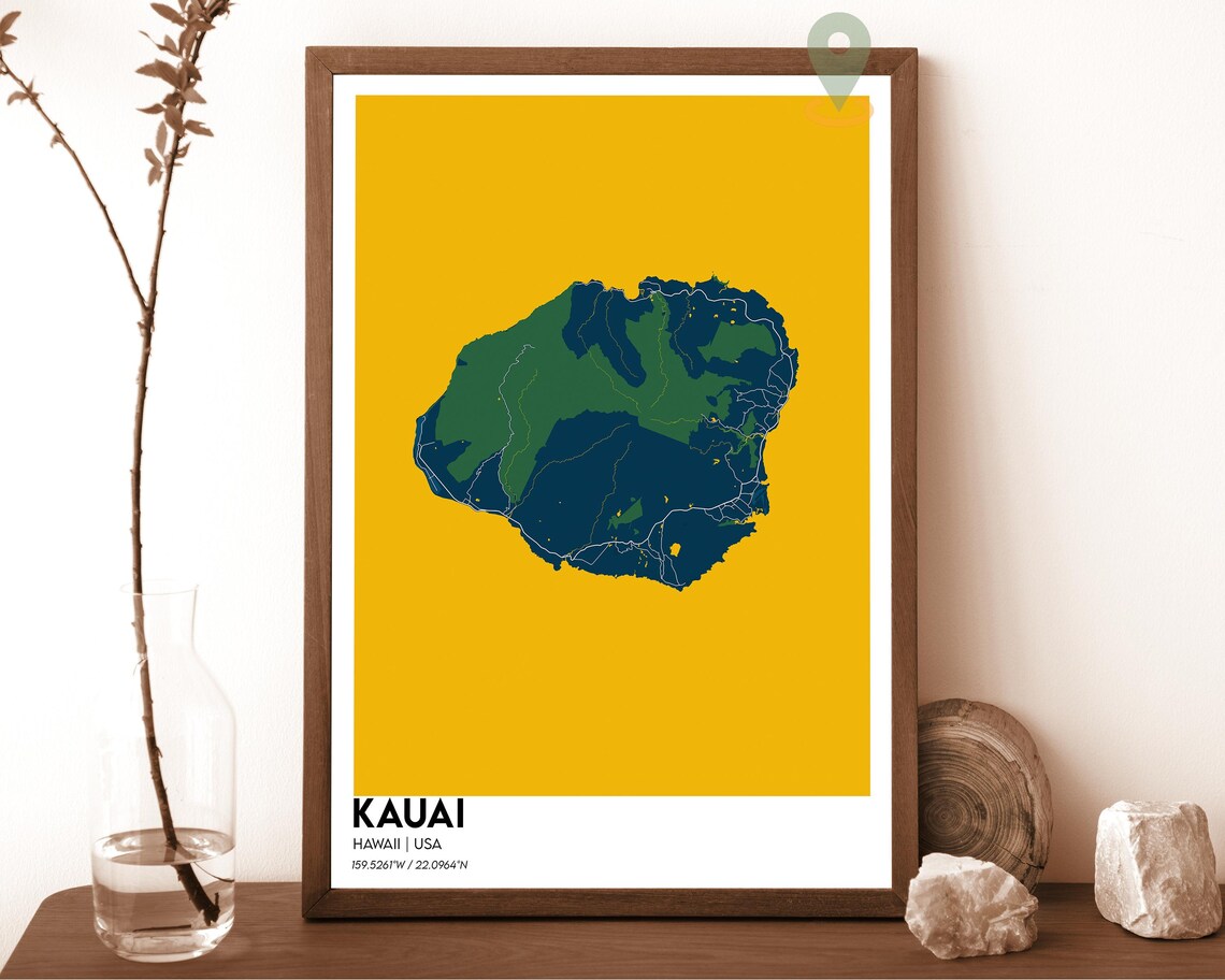 Kauai Hawaii Island Map Dark Navy on Bright Cyan Graphic Poster - Image 6