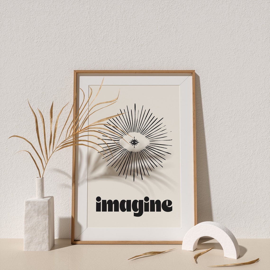 Imagine Word Retro Black Type With Sunburst Eye Line Art Quote Poster - Image 3