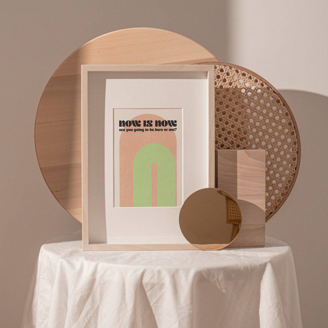 Now Is Now Bold Retro Arch Graphic Peach Green Typography Poster - Image 3