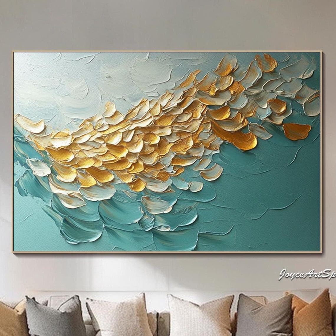 Gold White Feathers Teal Abstract 3D Textured Impasto Wall Art