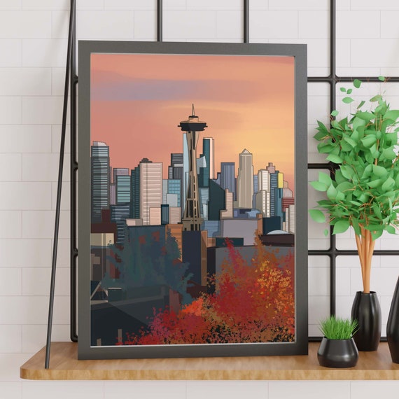 Seattle Skyline Print Seattle Sunset Emerald City Rain City Travel Poster Gift Wall Art Illustration Physical Print