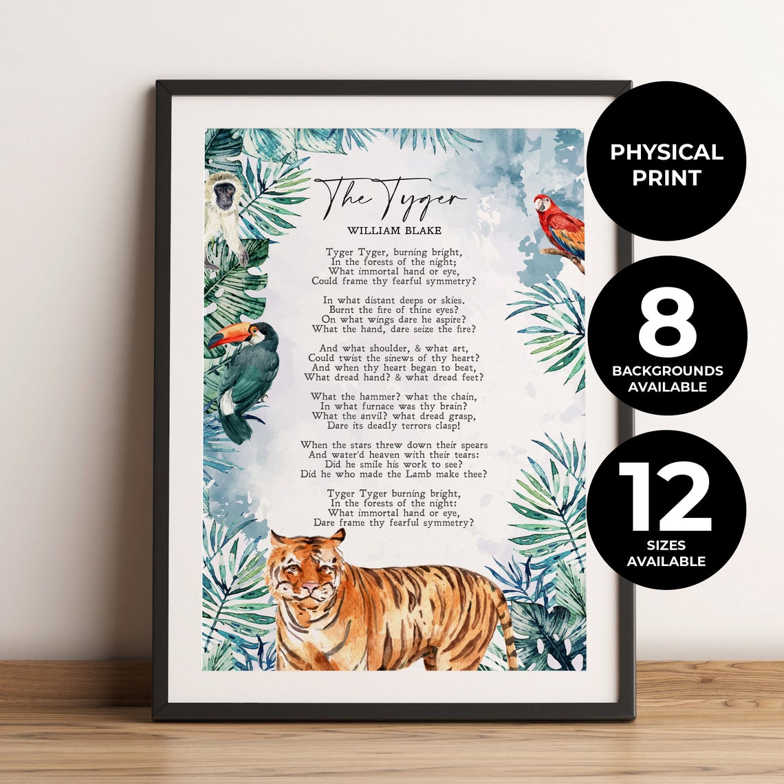 William Blake The Tyger Poem Watercolor Tiger Jungle Literature Print