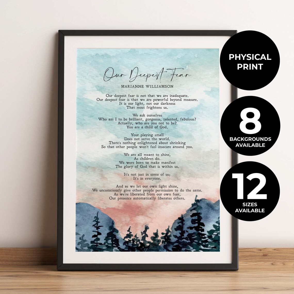Our Deepest Fear, Marianne Williamson Sympathy Art Print