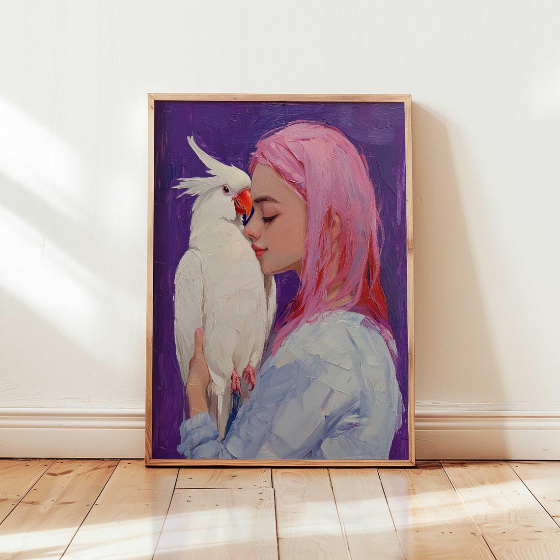 Pink Hair Girl With Cockatoo Modern Animal Portrait Vibrant Bird Lover Art Emotional Pet Painting Whimsical Wall Decor Animalia Collection
