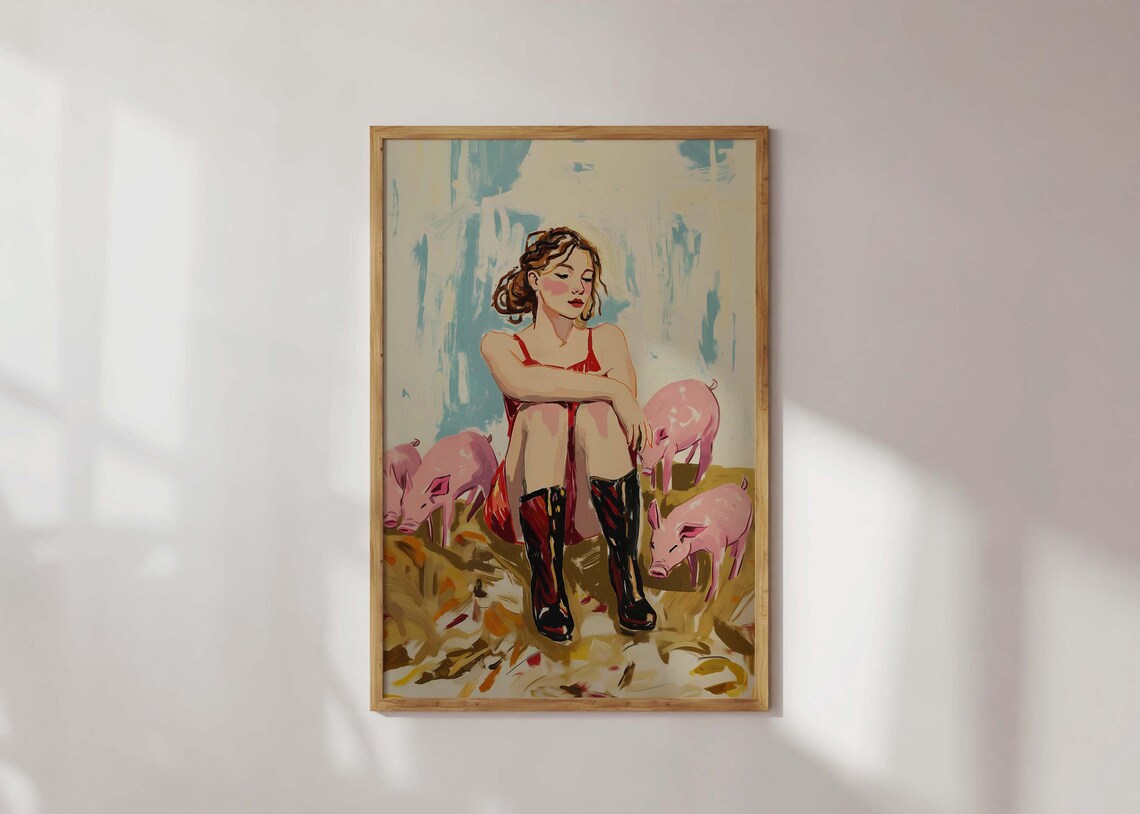 Woman With Piglets Whimsical Farm Countryside Painting Art Poster