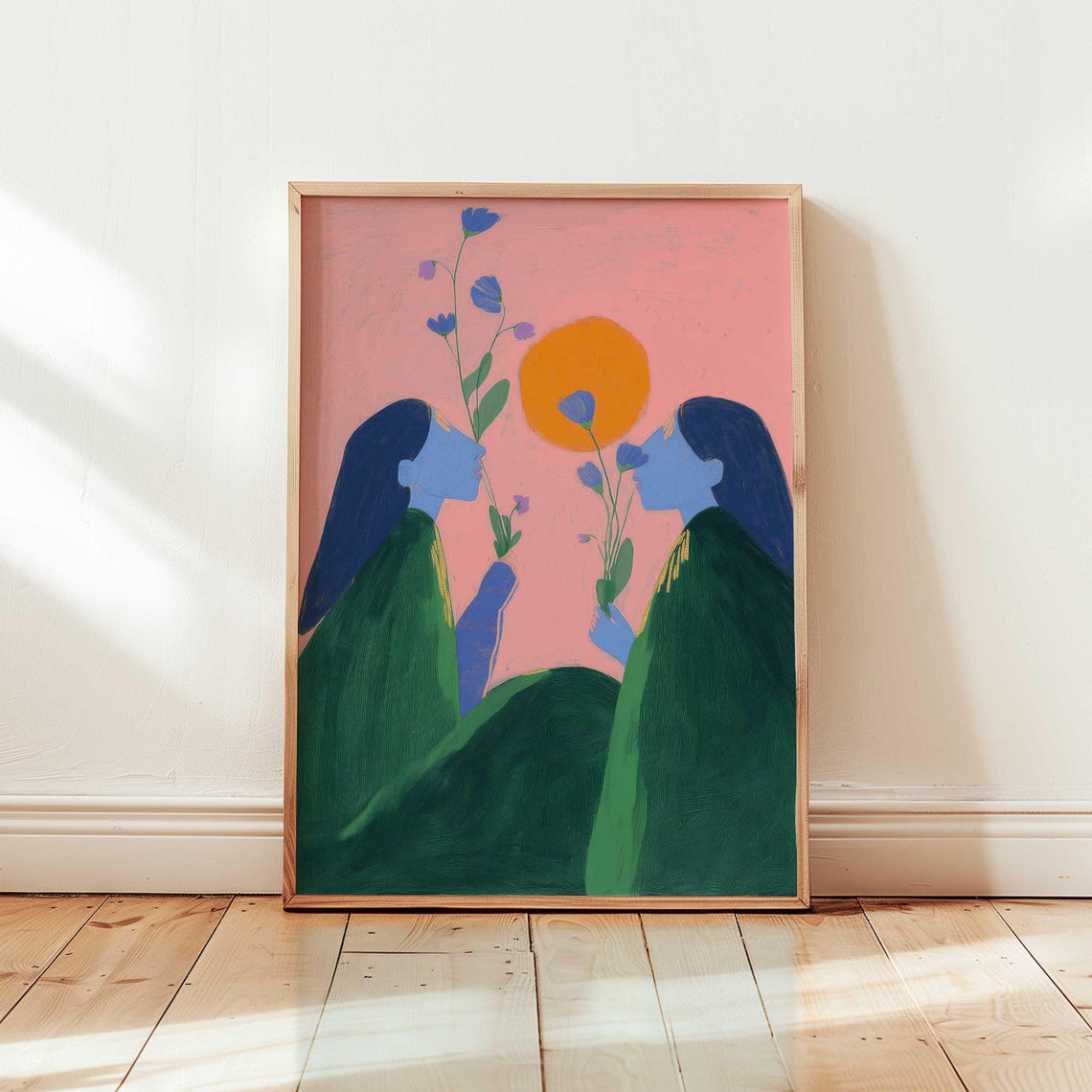 Two Women Facing Each Other Blue Flowers Pink Abstract Poster