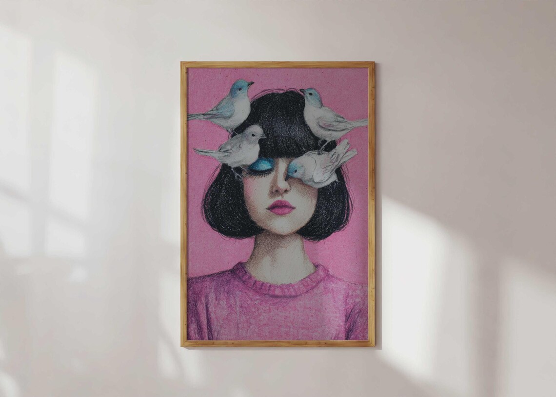 Girl With Birds On Head Surreal Pink Dream Portrait Art Poster