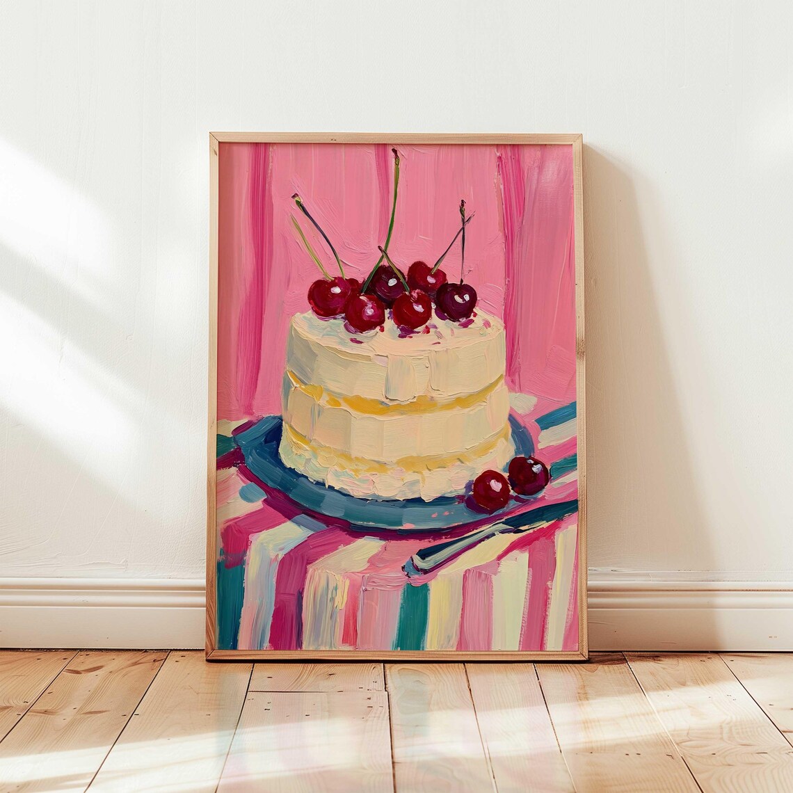 Cherry Cake Pink Still Life Dessert Oil Painting Style Poster