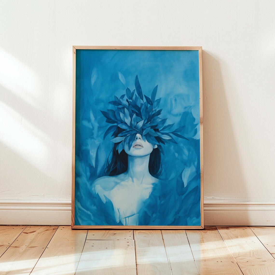Blue Monochrome Woman Portrait Veiled In Leaves Surreal Frozen Art Poster