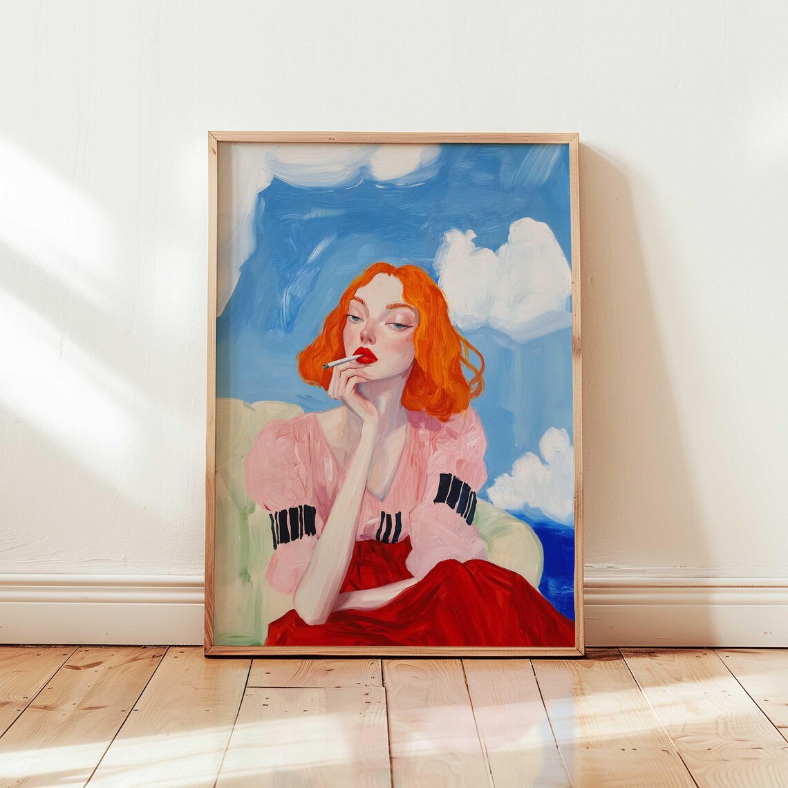 Redhead Woman Portrait Dreamy Blue Cloud Painting Poster Art