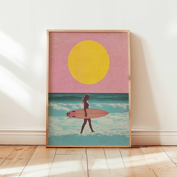 Surfer Pop Art Print Bold Graphic Beach Poster Modern Retro Coastal Decor Vibrant Minimalist Ocean Midcentury Inspired Wall