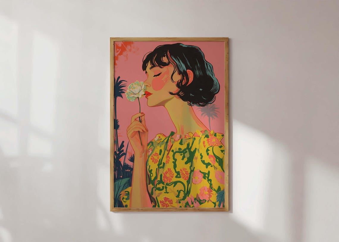Woman Smelling Flower Pink Vintage Retro Feminine Art Poster