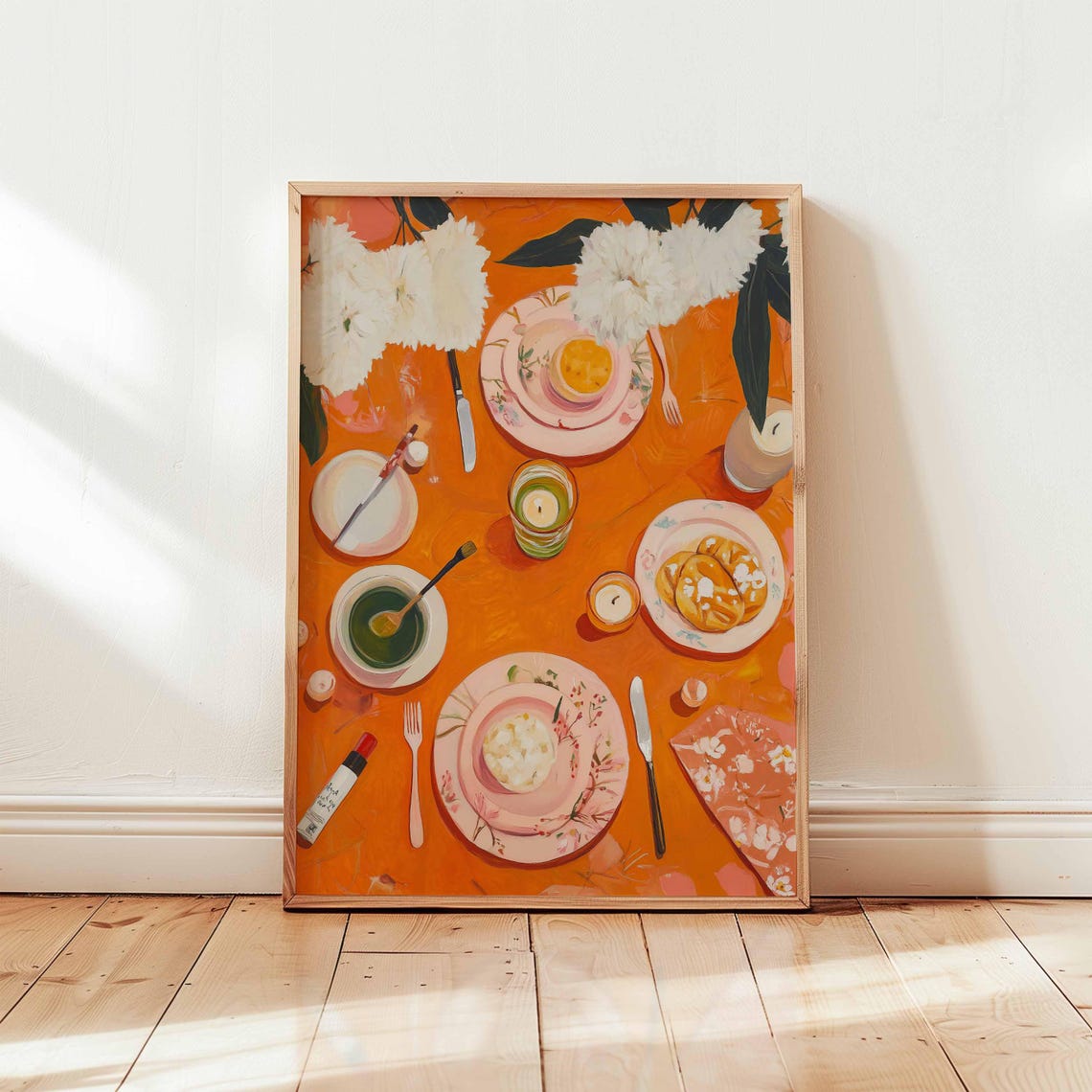 Overhead Orange Table Dinner Party Tea Pastries Flowers Art Poster