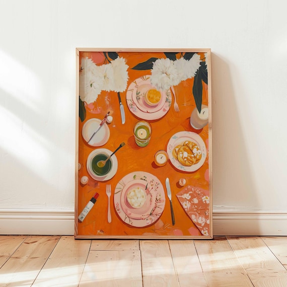 Maximalist Orange Dinner Art Girly Food Illustration Print Colorful Dining Room Decor Vibrant Wall Preppy