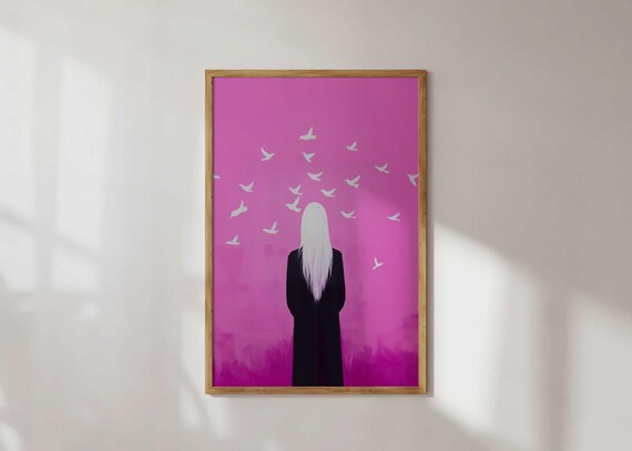 Modern Colorful Wall Art Pink Birds Figurative Print Artwork Bold Poster Feminine Home Decor And Woman
