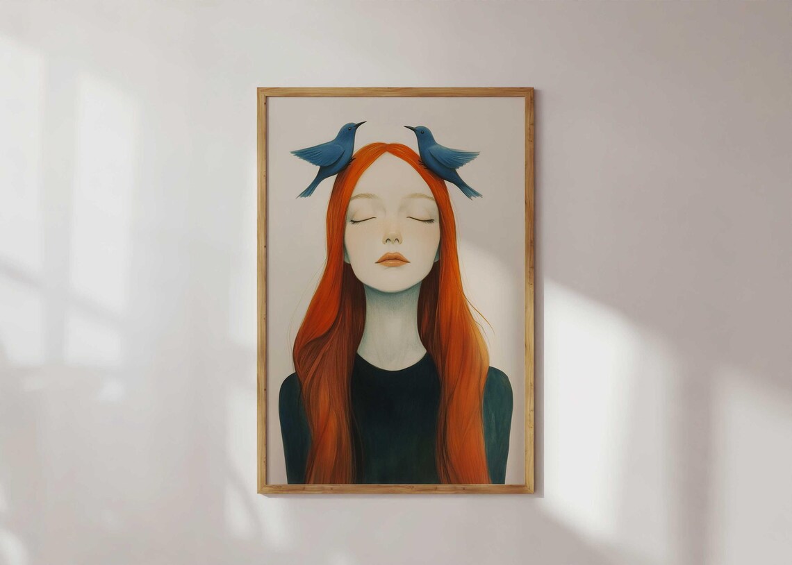 Red Haired Girl With Two Bluebirds Calm Nature Illustration Poster