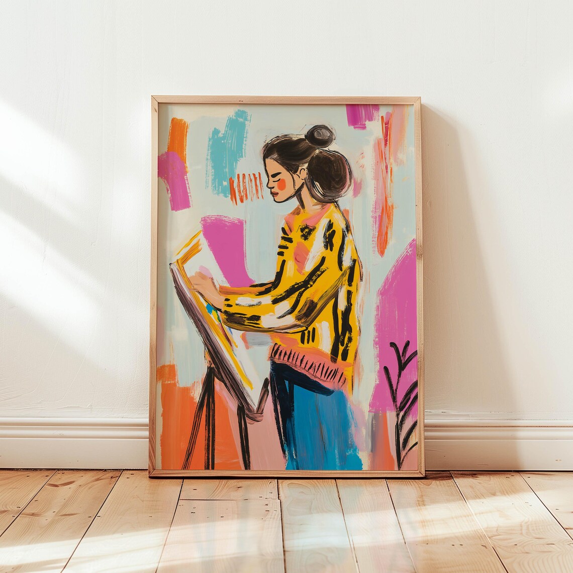 Woman Artist Painting at Easel Colorful Abstract Studio Art Poster