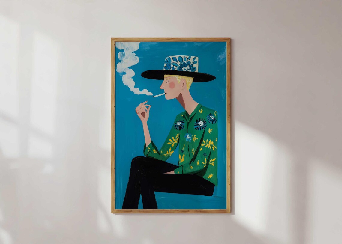 Retro Cowboy Smoking Floral Hat Vintage Western Illustration Poster