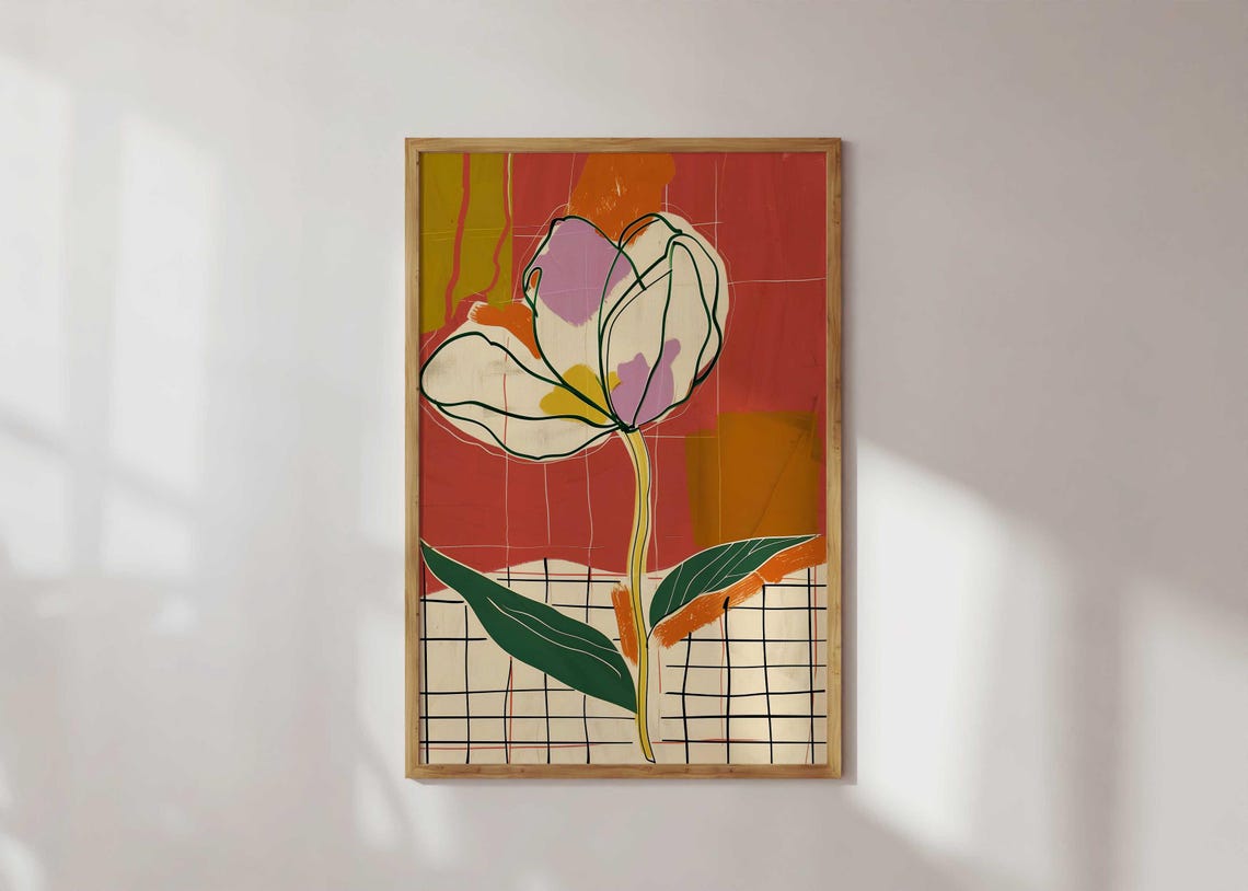 Red Tulip Abstract Line Drawing Modern Bold Geometric Art Poster