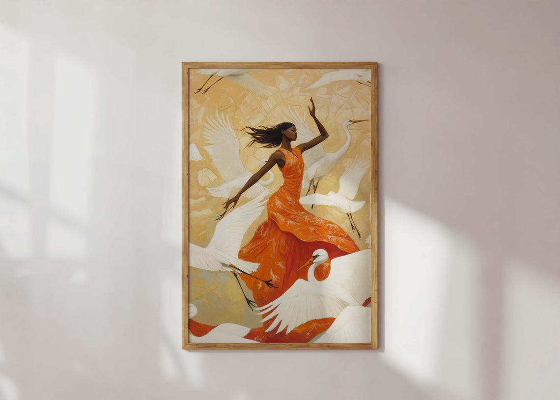 Woman Dancing With White Cranes Orange Dress Surreal Art Poster