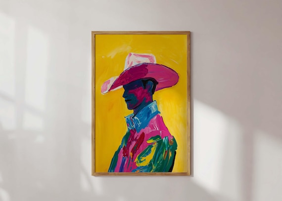 Western Cowboy Art Print Bold Maximalist Vibrant Pink Decor Whimsical Ranch Style Poster Expressive Country Artwork