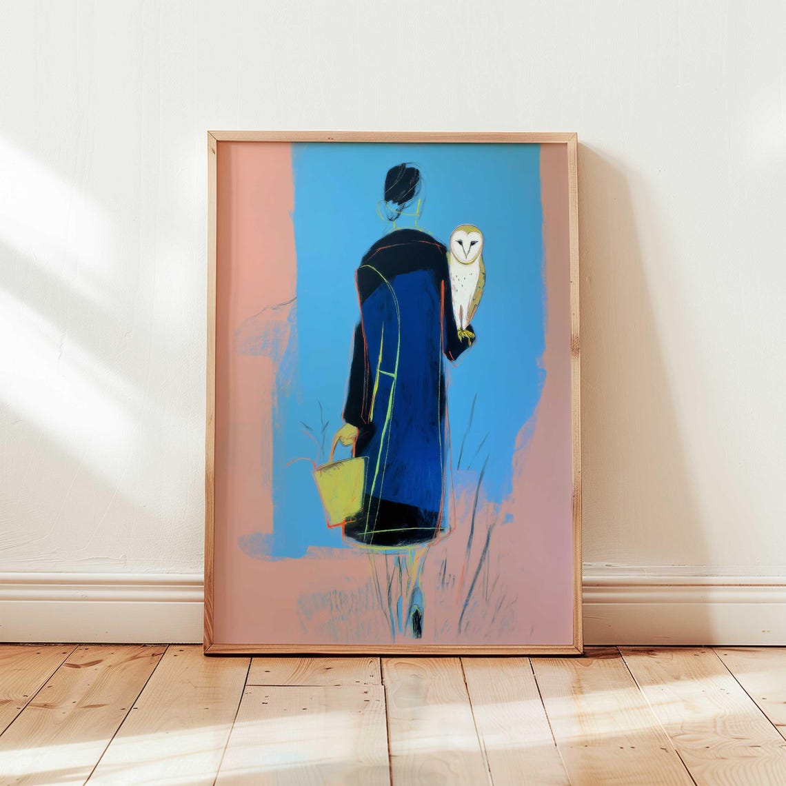 Woman With Barn Owl Modern Blue Stylish Portrait Eclectic Art Print