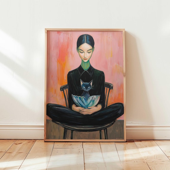 Woman Holding Black Cat Mystical Modern Portrait Painting Print