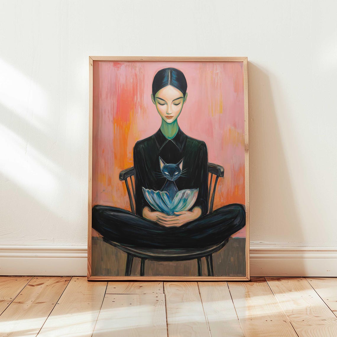 Woman Holding Black Cat Mystical Modern Portrait Painting Print