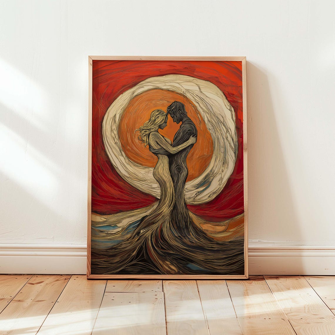 Romantic Couple Embrace Inside Swirling Sun Expressionist Art Poster