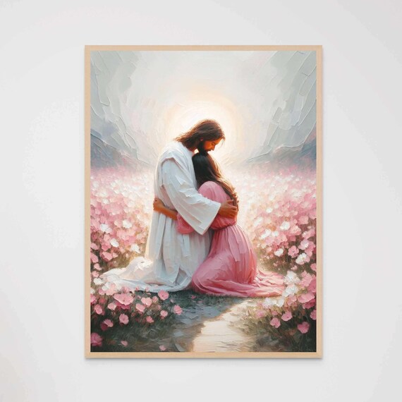 Jesus Christ Embracing Girl in Pink Wildflower Field Palette Knife Poster