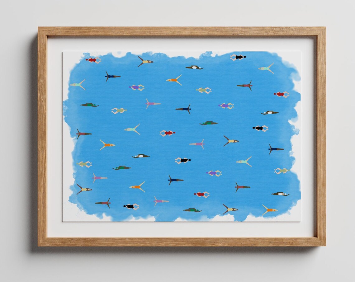 Tiny Women Swimming Watercolor Art Print, Minimalist - Image 2