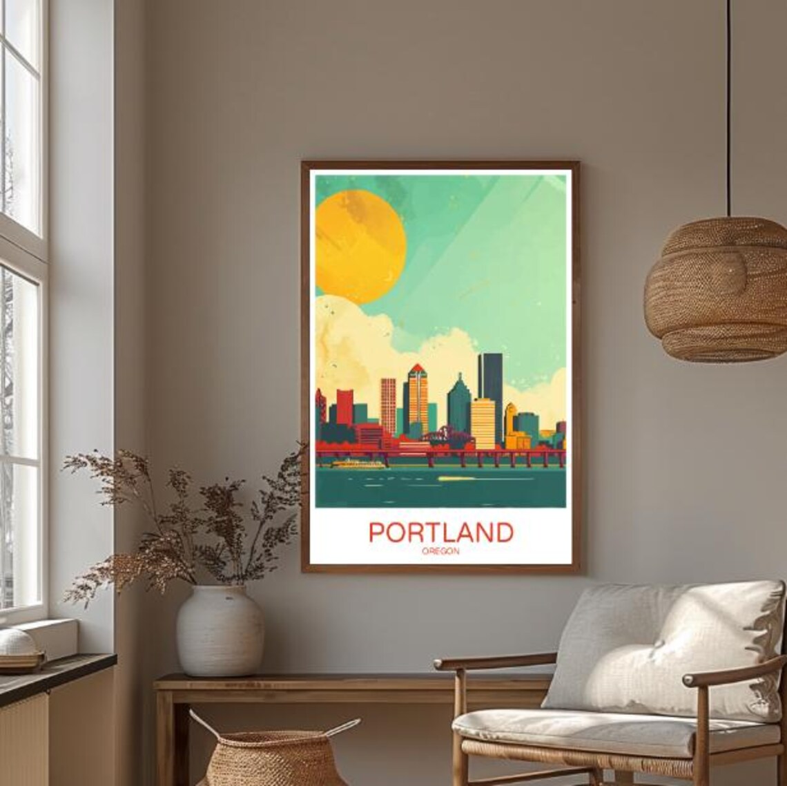Portland Oregon Skyline Travel Poster With Retro Sun And Bridge Art - Image 3