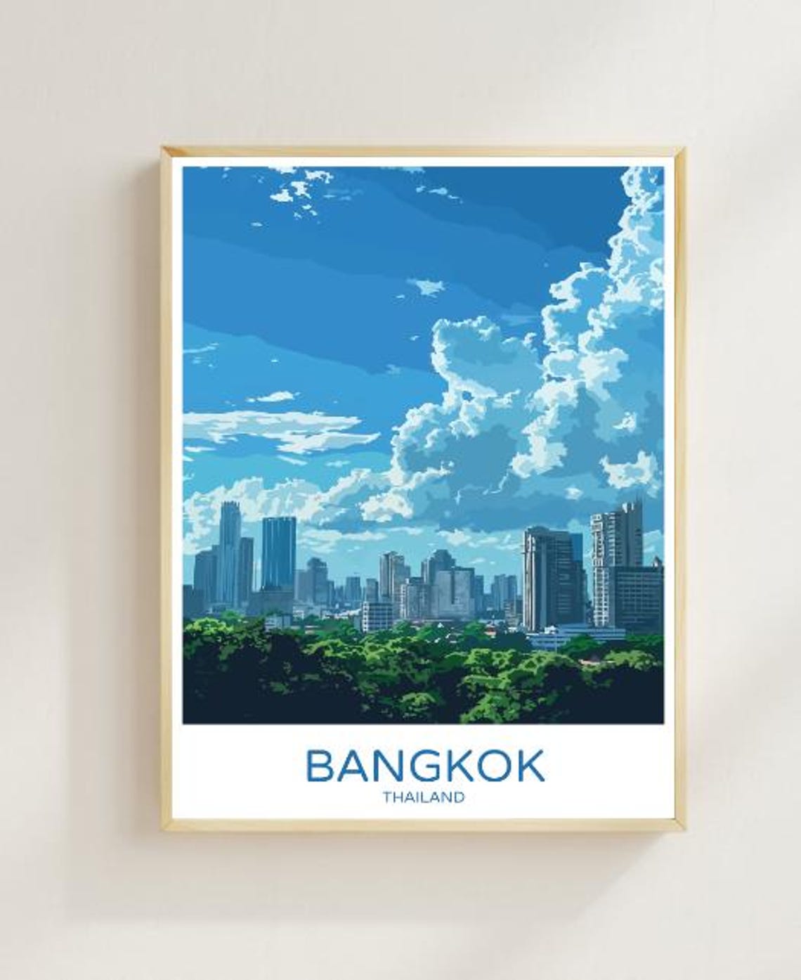 Bangkok Thailand Travel Poster City Skyline Above Green Park Trees