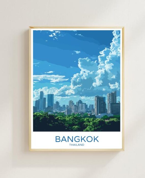 Bangkok Thailand Travel Poster City Skyline Above Green Park Trees