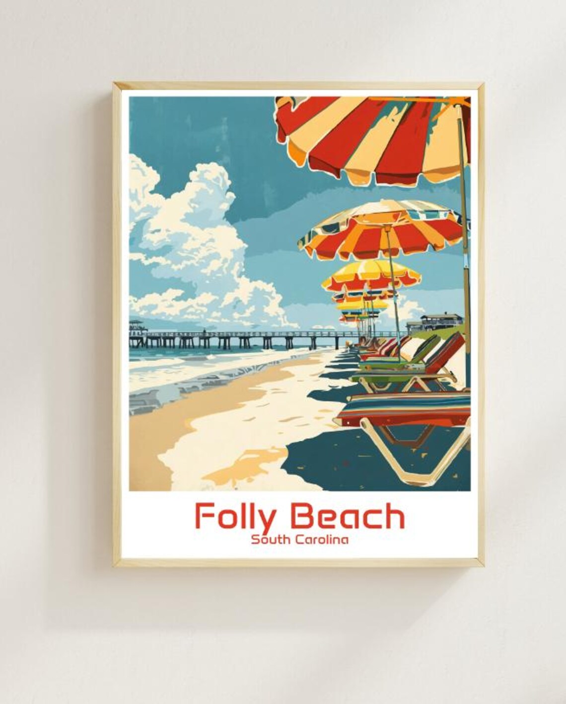 Folly Beach South Carolina Vintage Travel Pier Umbrellas Poster