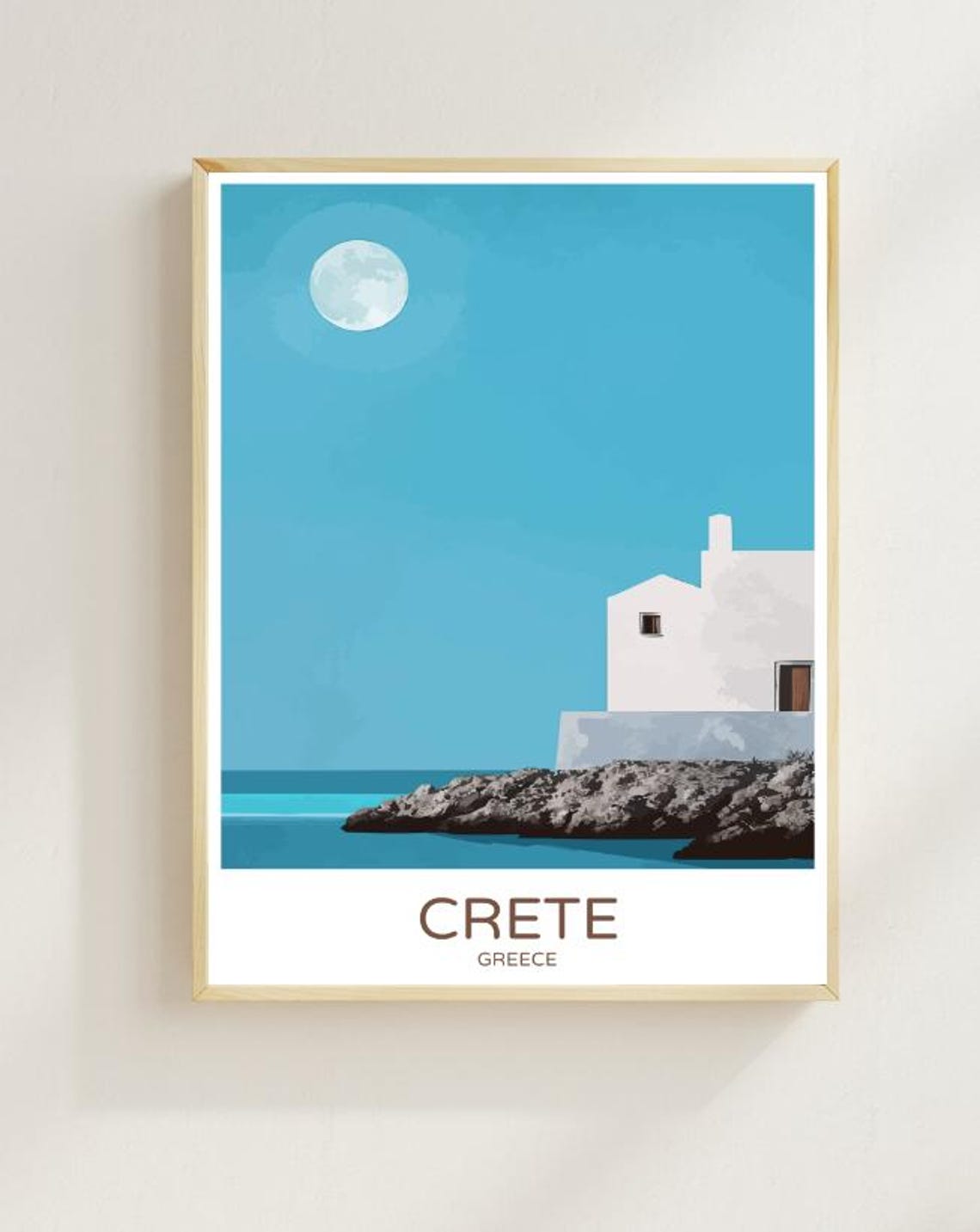 Crete Greece Whitewashed Beach House Mediterranean Travel Poster Gift
