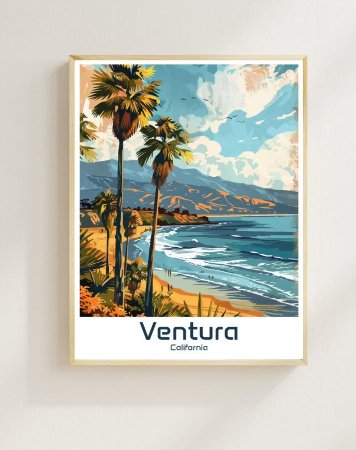 Ventura California Beach Palms Waves Coastal Sunset Travel Poster