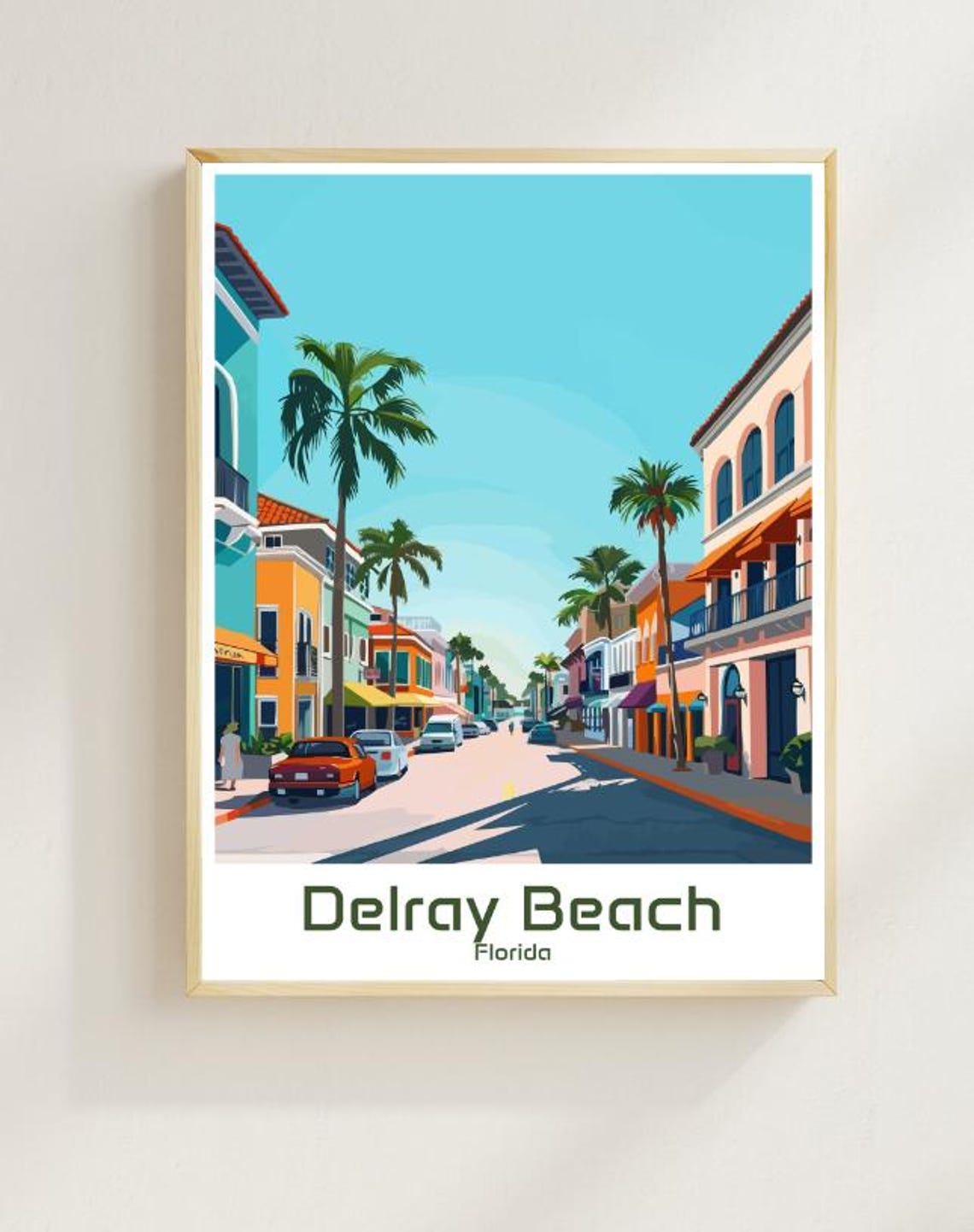 Delray Beach Florida Vintage Travel Palm Street Scene Poster