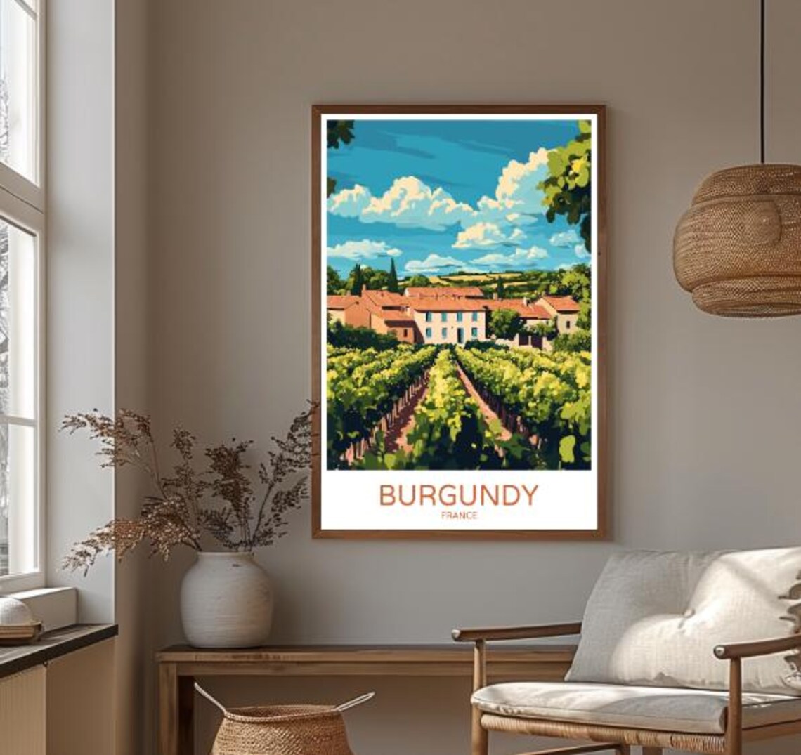 Burgundy France Travel Poster Rolling Vineyards and Rustic Farmhouse - Image 3