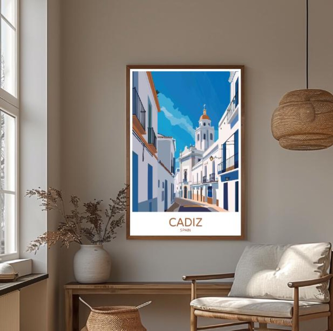 Cadiz Spain Travel Poster With Historic White Street And Church Tower - Image 3