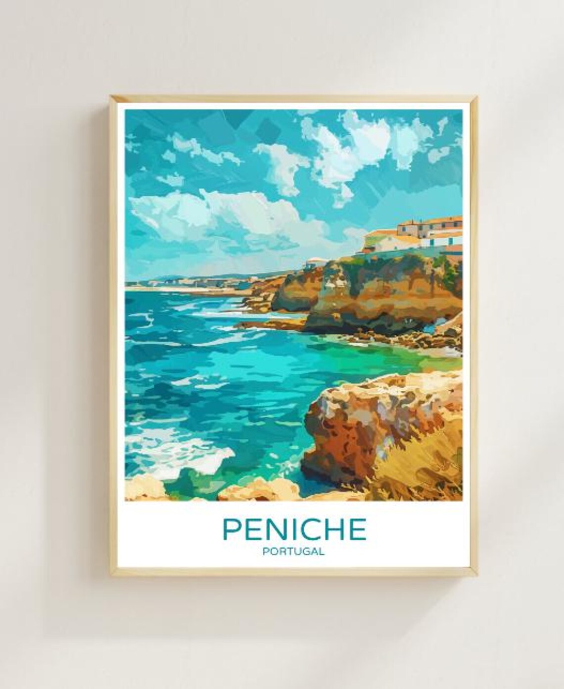 Peniche Portugal Travel Poster Rocky Cliffs and Turquoise Surf Coast